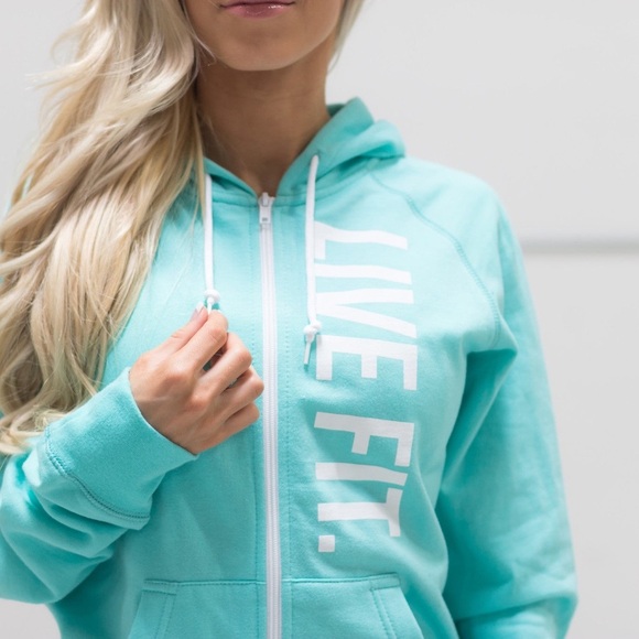 NWT Live Fit LVFT Women’s Teal Zip Up Gym Pump Cover Hoodie Size Large - Picture 1 of 6